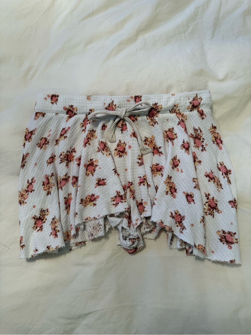 Free people Floral Waffle-Knit Shorts - White with Pink Rose Print